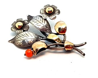 Antique coral brooch. Silver, gold and coral brooch. Bouquet of flowers. Circa 1950. Antique & vintage jewelry. Jewel gift.