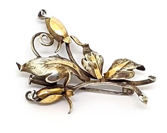 Flower brooch, lapel pin, silver and gold flowers, Circa 1950, Original brooch. Antique & vintage jewelry. Jewel gift.