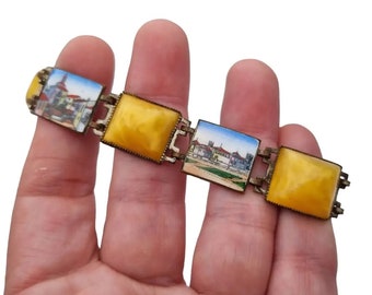 Bracelet Vintage En émail De Limoges Avec Cristaux Rouges - Bijou Artisanal Ancien En Argenté