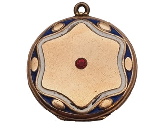 KOLLMAR & JOURDAN Golden medallion with blue and white enamel and pink stone, art deco locket, retro gifts, antique and vintage jewelry.