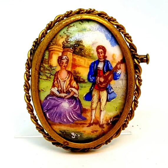 Broche Ancienne Vintage En Porcelaine De Limoges Peinte Main - Motif Fleurs, Cuivre