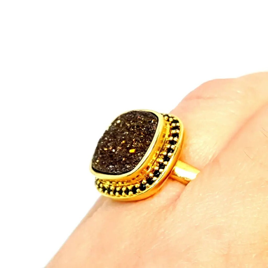 Vintage Ring, Bronze Druzy Ring, and Black Spinel, 14k Gold Silver Ring, Size 9 USA, 925 Silver