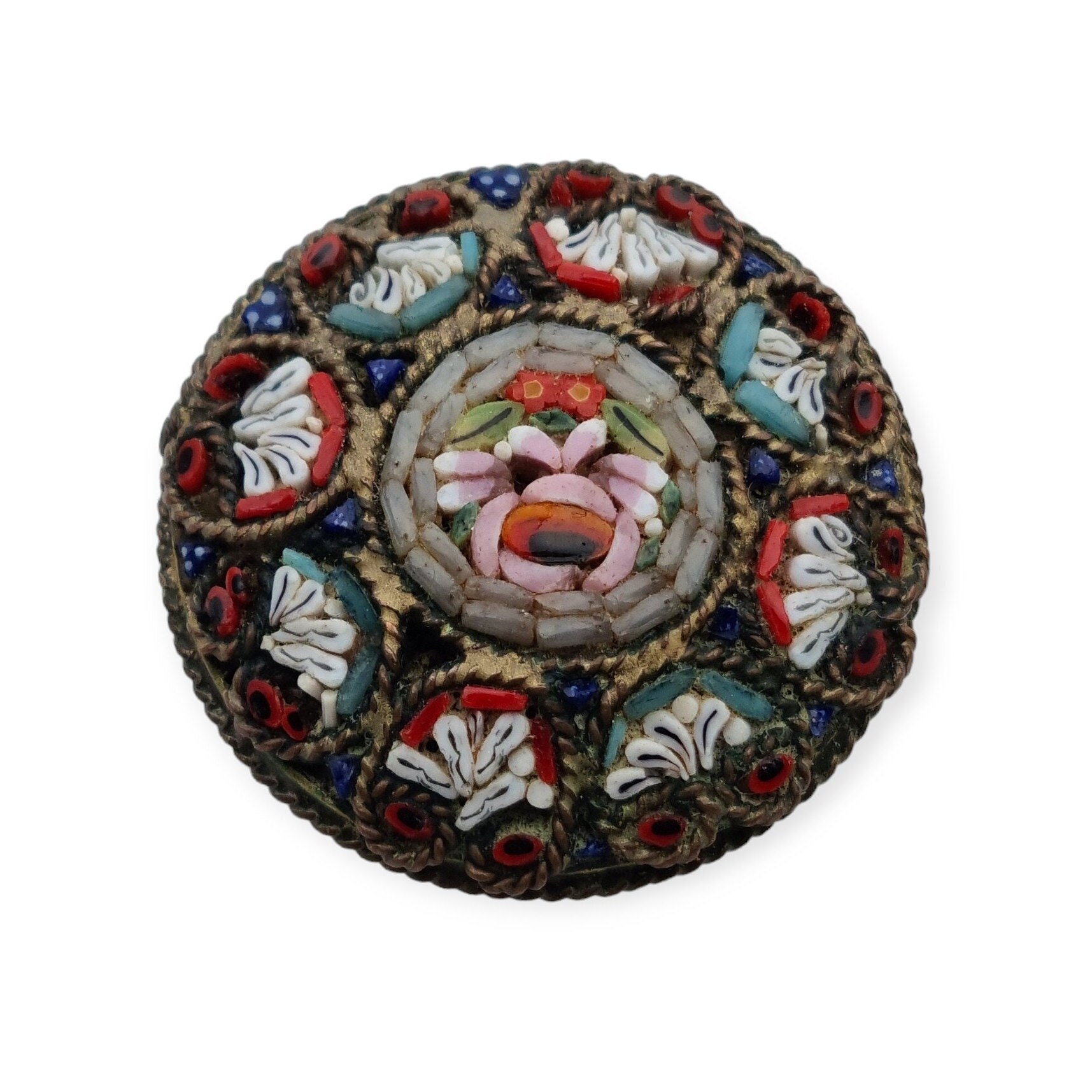 Broche Ancienne Micro-mosaïque Fleur Multicolore 2,8x2,2 Cm - Occasion