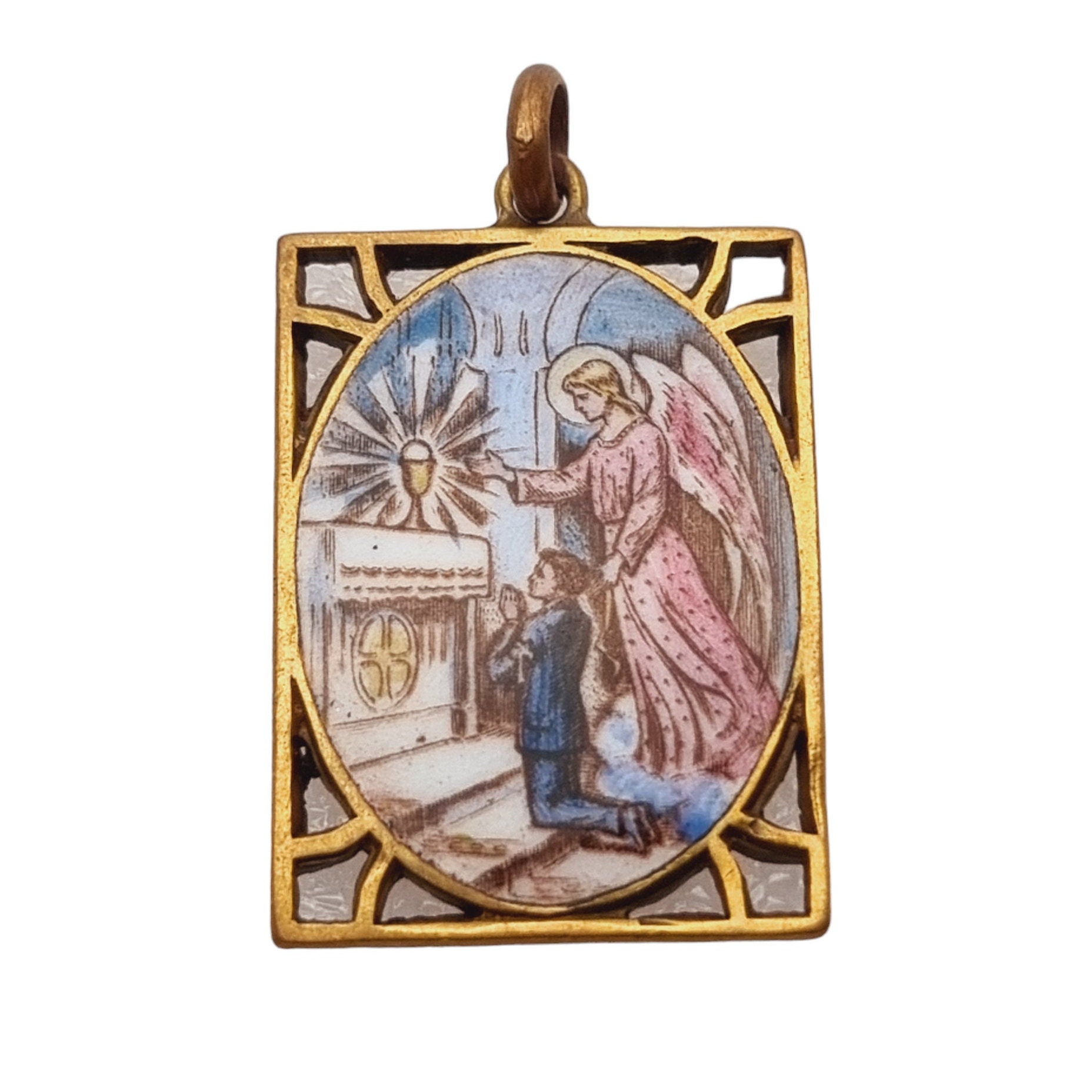 Antique Rectangular Religious Enamel Pendant, Communion Medal, Antique Catholic Gift, Birthday Gifts for Collectors. Religious jewelry.