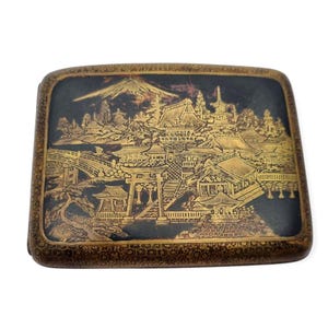 1930er Jahre orientalisches Zigarettenetui, 24k Goldgravur, K24-Markierung, japanische Landschaft, mattschwarze Zigarettenschachtel, antike Geschenke für Sammler.