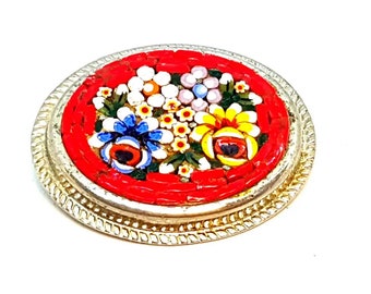 Vintage micromosaic brooch, red micro mosaic pin, flowers jewelry, Circa 1960. Antique & vintage jewelry.