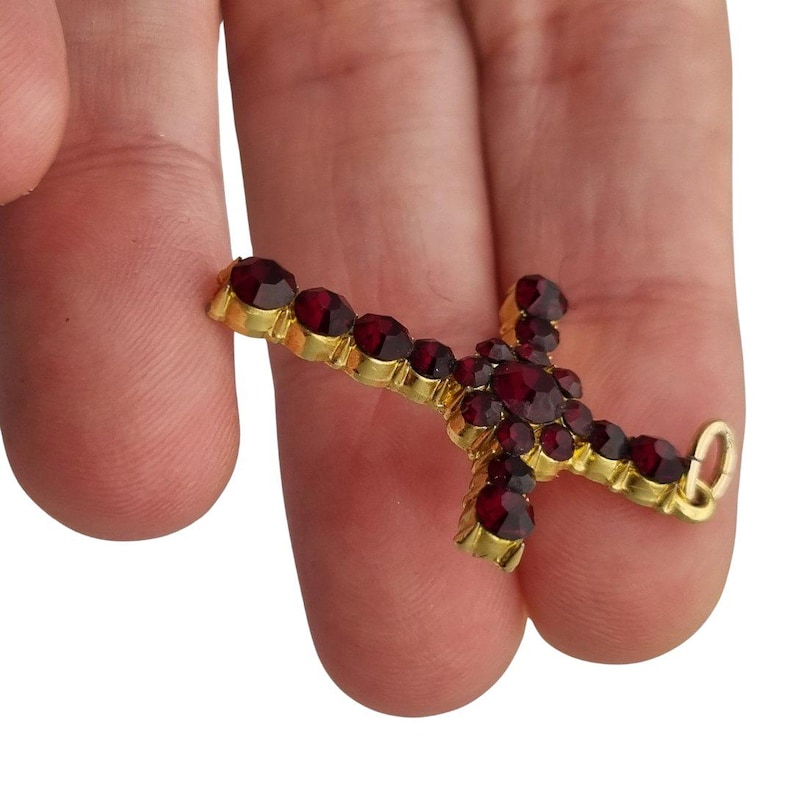 Vintage cross with garnet rhinestones and gold-tone metal religious style circa 1950 , Gifts for collectors, Antique and Vintage jewelry.