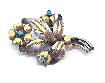 Bouquet of flowers brooch, silver and gold with turquoise for lapel, 1940 art deco for collectors, antique and vintage jewelry,