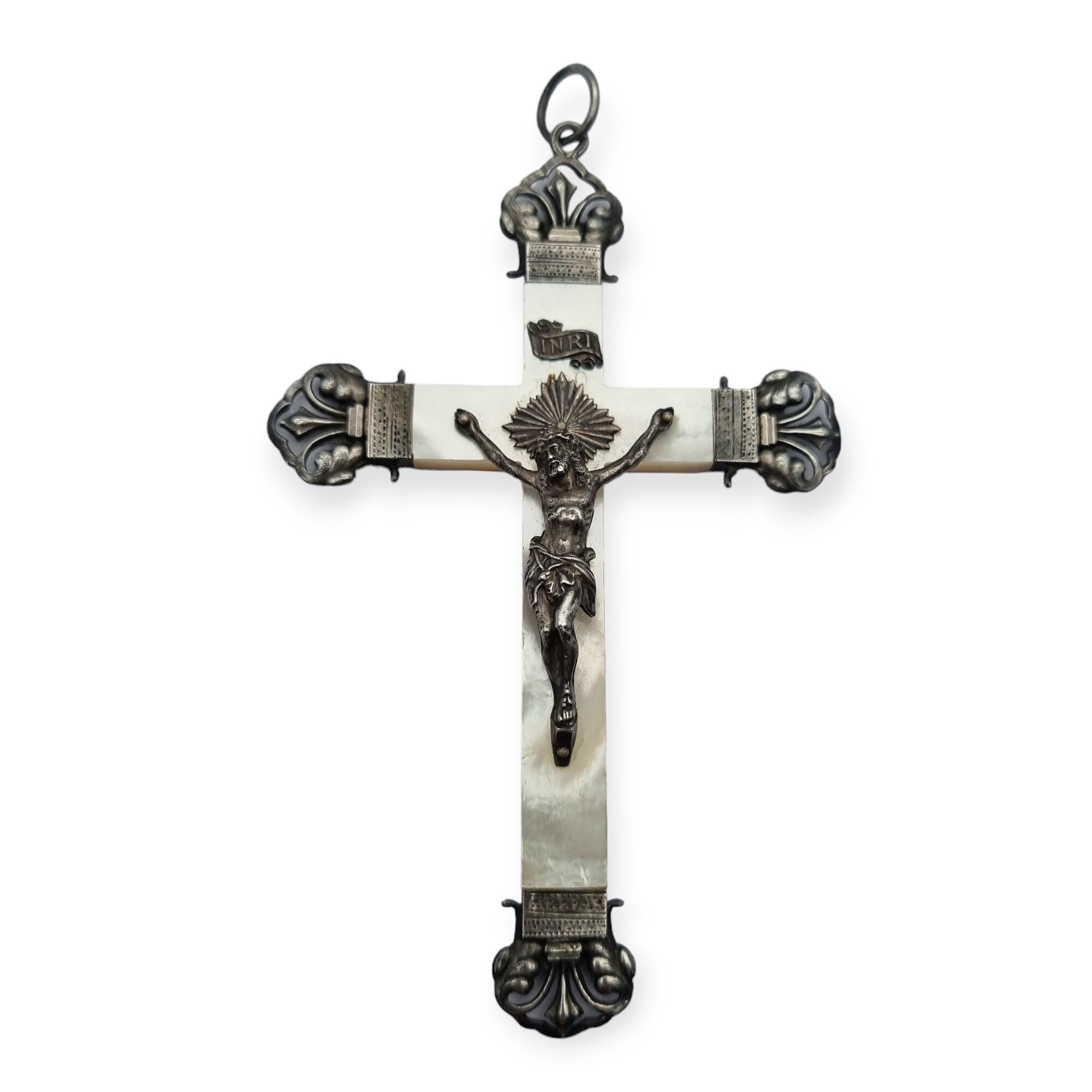 Antique Silver and Mother of Pearl Cross, highly crafted Catholic 