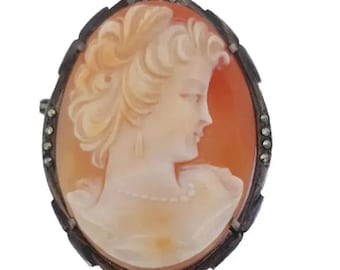 Antique Silver cameo brooch, carved shell decorated with marcasites, gifts for collectors, victorian jewelry, Antique & vintage jewelry.