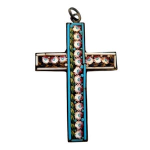 Italian floral micromosaic cross,  Circa 1940, Brass and glass paste, Religious Retro gifts for collectors, Antique and Vintage jewelry.