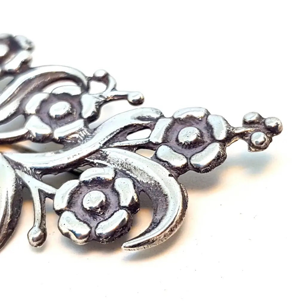 Broche Ancienne Art Déco Années 40, Métal Argenté Motif Fleur, Bijou Vintage Occasion