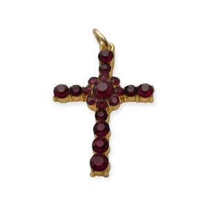 Vintage cross with garnet rhinestones and gold-tone metal religious style circa 1950 , Gifts for collectors, Antique and Vintage jewelry.
