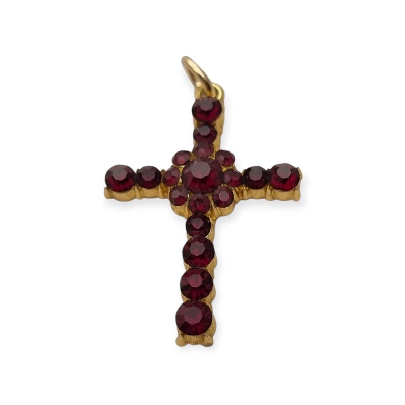 Vintage cross with garnet rhinestones and gold-tone metal religious style circa 1950 , Gifts for collectors, Antique and Vintage jewelry.