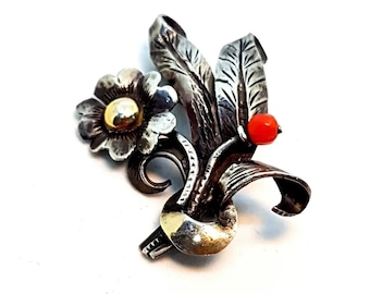 Broche Ancienne Or Jaune 18 Carats Avec Corail Naturel - Branche Corail Peau D'ange - 14,5 G