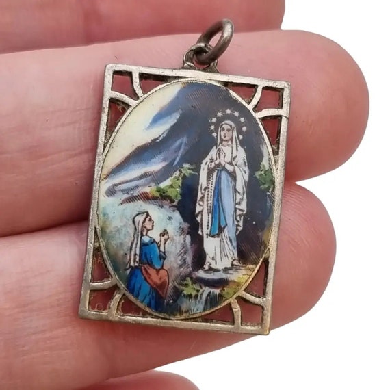 Religious Virgin pendant, blue enamel, rectangula… - image 9