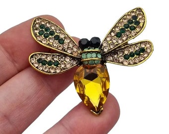 Costume jewelery bee brooch, yellow and green pin, Circa 2000, Antique and vintage jewelry.