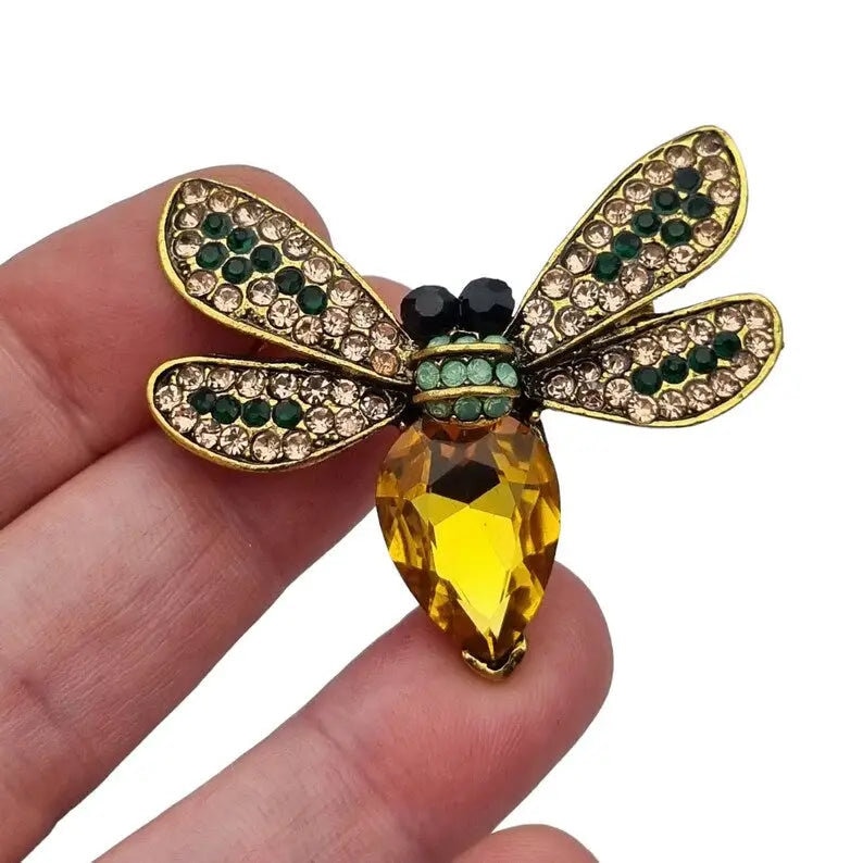 Costume jewelery bee brooch, yellow and green pin, Circa 2000, Antique and vintage jewelry. image 1