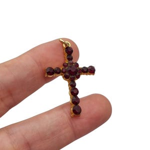 Vintage cross with garnet rhinestones and gold-tone metal religious style circa 1950 , Gifts for collectors, Antique and Vintage jewelry.