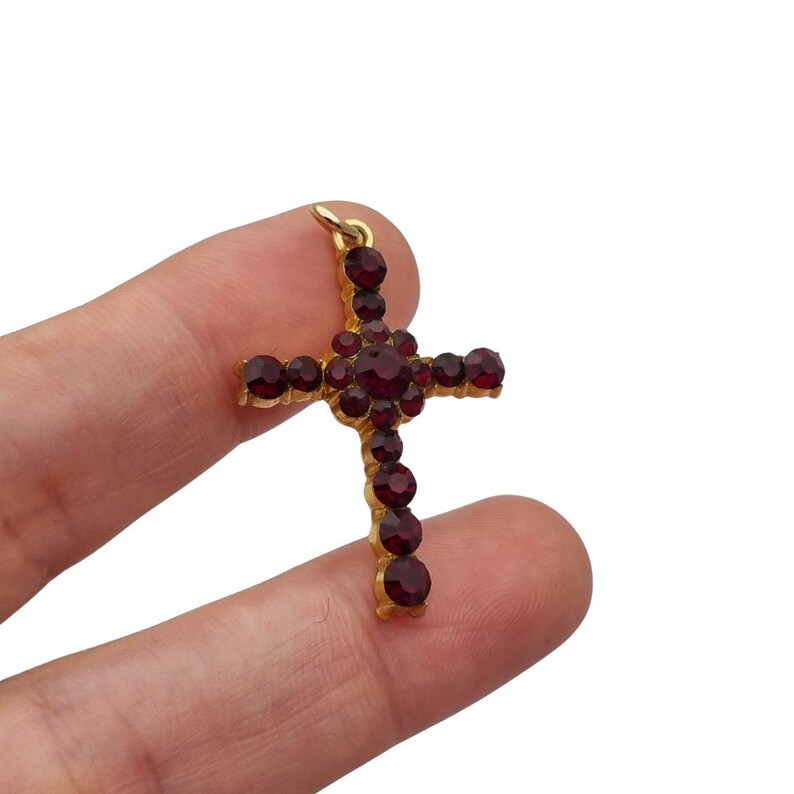 Vintage cross with garnet rhinestones and gold-tone metal religious style circa 1950 , Gifts for collectors, Antique and Vintage jewelry.