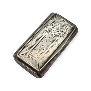 Antique French silver snuff box engraved with monogram and hinge, Circa 1880-1900. Retro gifts for collectors, Antique and Vintage jewelry.