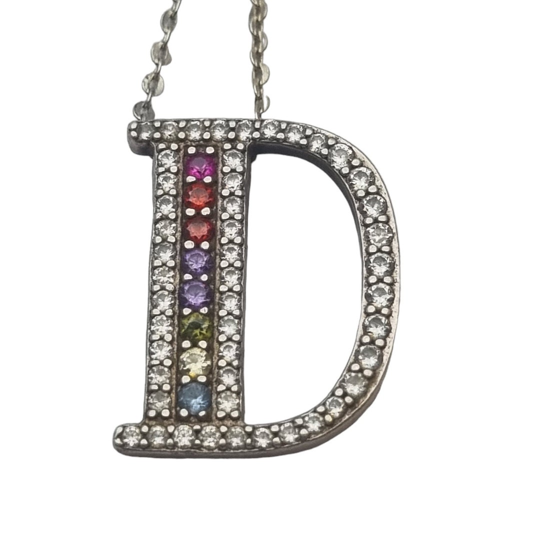 Letter D Pendant and Silver Chain, White and Colored Rhinestone Pendant ...
