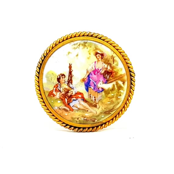 Broche Vintage En Porcelaine De Limoges – Scène Romantique, Bon état D'usage