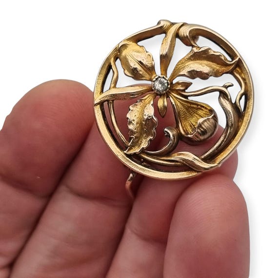 Broche Vintage Art Nouveau Plaqué Or à Motif Floral Avec 2 Rubis - 27x27 Mm, Marque Fix