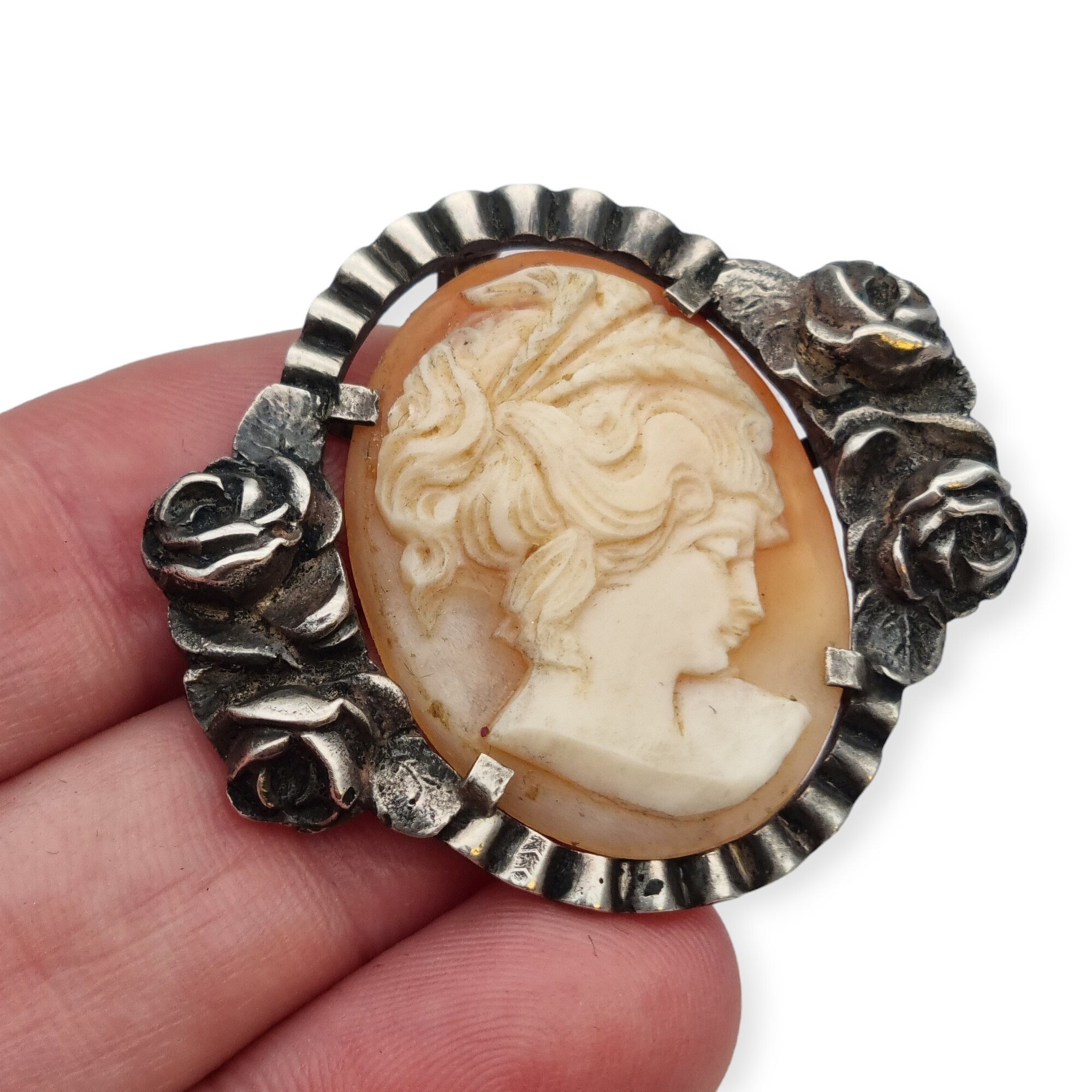 Art Nouveau Carved Shell and Silver Cameo Pendant - Brooch, Floral ...