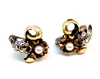 Art deco earrings, Art deco silver, gold and pearl earrings. Circa 1940. .Antique & vintage jewelry. Mothers day gift.