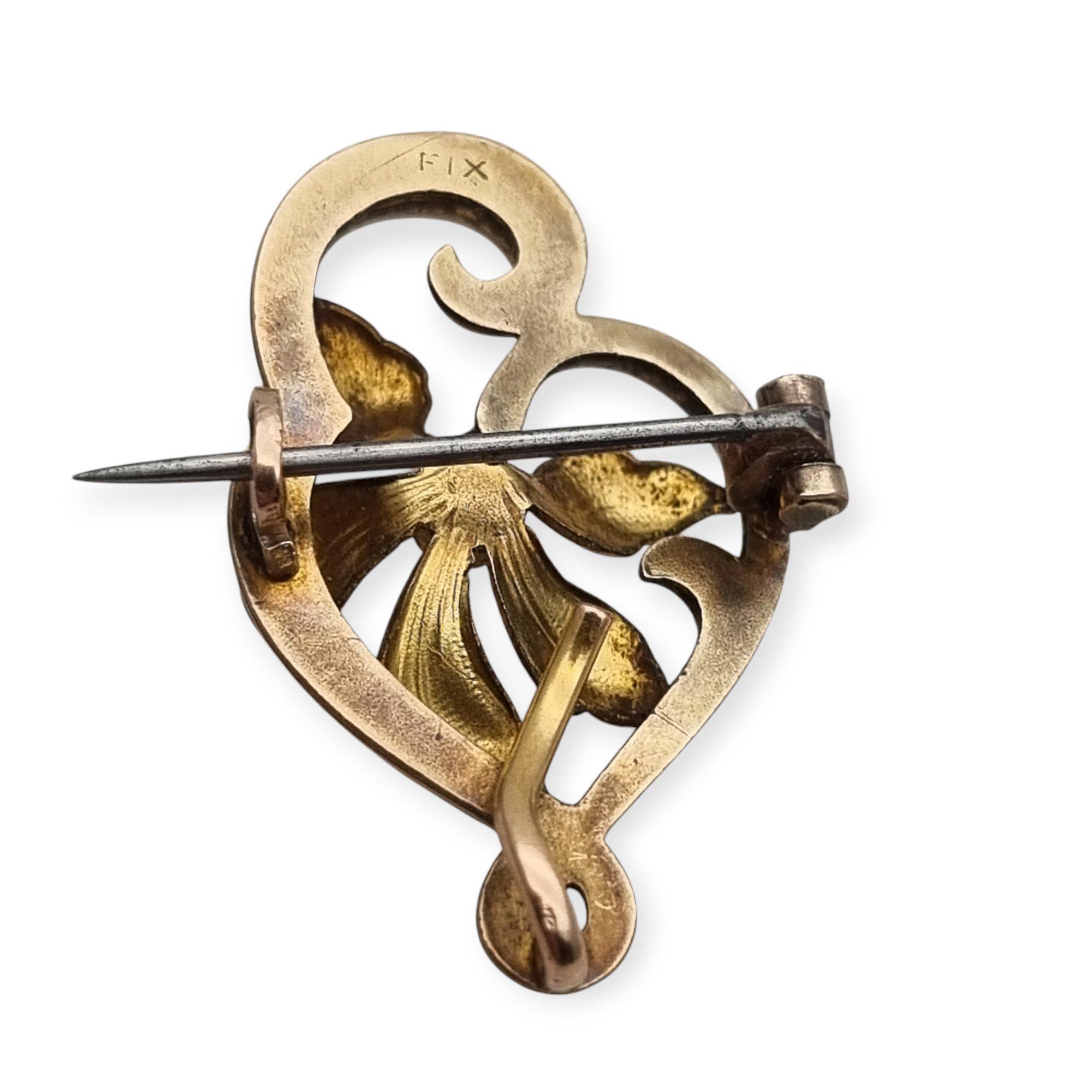 Broche Art Nouveau Plaqué Or - Motif Floral Avec 2 Rubis - Dimensions 27x27 Mm - Occasion