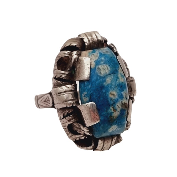 Bague Art déco en argent et pierre bleue pour femme, bague volumineuse, cadeaux rétro, vers 1940, bijoux anciens et vintage.