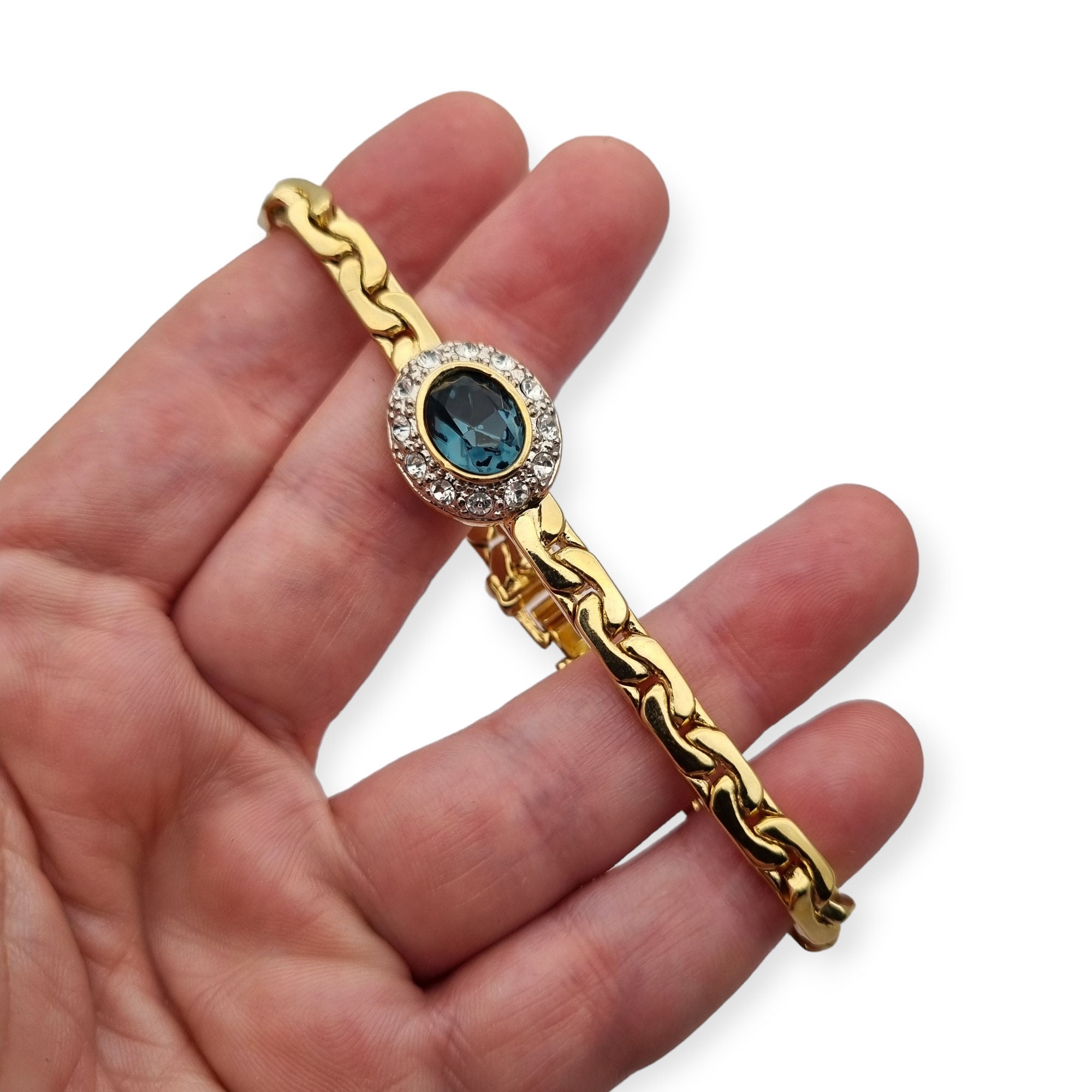 Vintage Gold Bracelet, Retro 80s Costume Jewelry With Blue