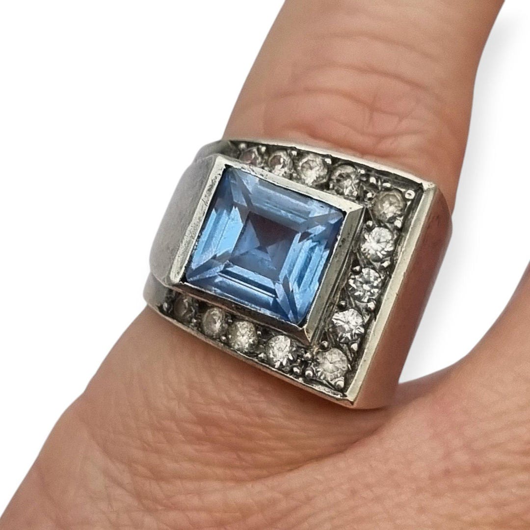Silver Collector Rings Art Deco Silver Ring With Blue Topaz and White Sapphires for Women ...
