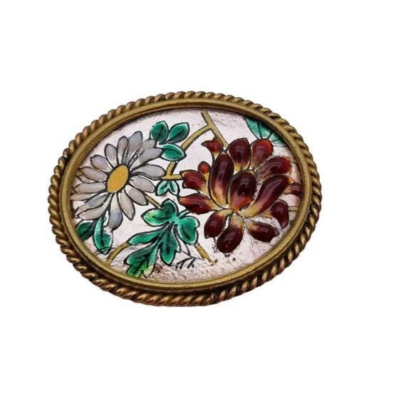 Broche Ancienne Émaillée Ovale Art Déco – Fond Noir à Fleurs Rouges, Métal Argenté