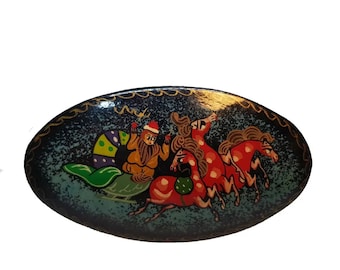 Vintage Russian Lacquer Fairy Tale Brooch Gorgeous Hand Painted