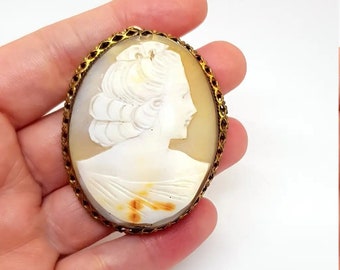 Victorian Carved Shell Cameo Brooch, Antique Golden Metal Pendant