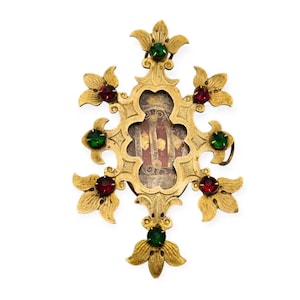 Antique reliquary with five relics sealed in gilt metal and precious stones, circa 1850. Religious Retro gifts for colelctors,
