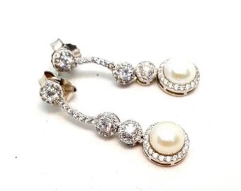 Pearl earrings wedding, pearls earrings silver,silver zircon earrings,women earrings silver, Contemporary jewels. Antique & Vintage jewelry.