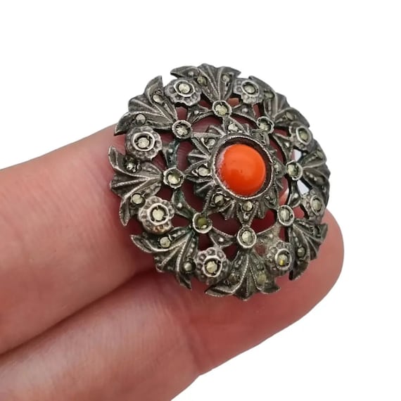 Broche Ancienne En Argent Massif 850‰ Avec Marcassites Et Corail - Occasion Vintage