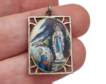 Religious Virgin pendant, blue enamel, rectangular Virgin medal, antique catholic gift for women, birthday Gifts for collectors.