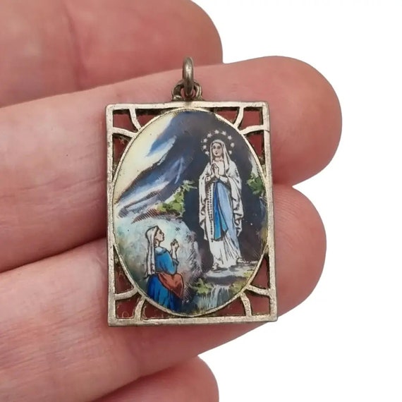 Religious Virgin pendant, blue enamel, rectangula… - image 1