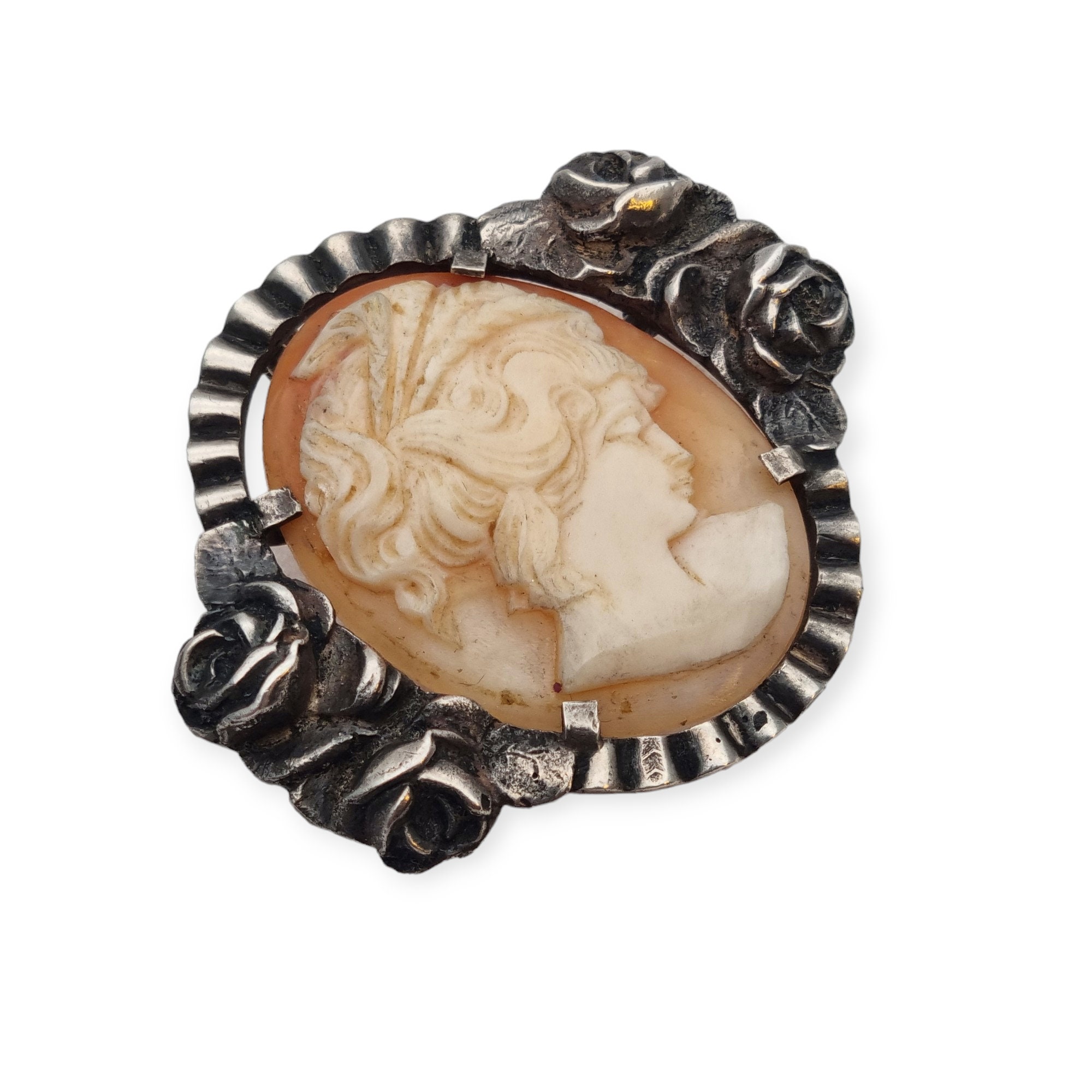 Art Nouveau Carved Shell and Silver Cameo Pendant - Brooch, Floral ...