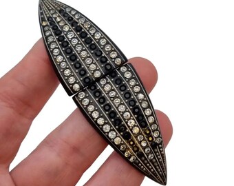 Art Deco belt buckle, Bte SGDG, Breveté France, black and white rhinestones, celluloid collectibles, vintage and heritage vintage jewelry.