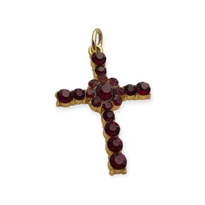 Vintage cross with garnet rhinestones and gold-tone metal religious style circa 1950 , Gifts for collectors, Antique and Vintage jewelry.