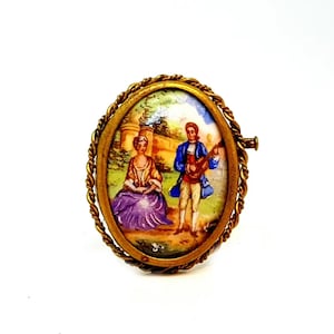 Antique Brooch Limoges Brooch, French porcelain brooch. France. Romantic scene. Circa 1940. Antique & Vintage jewelry.