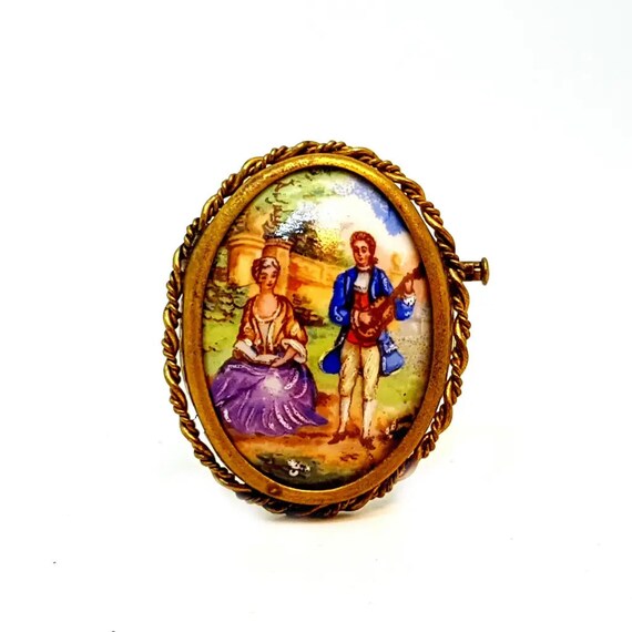 Broche Vintage Médaillon Porcelaine - Scène Romantique, Monture Or, Pièce Rare N°311