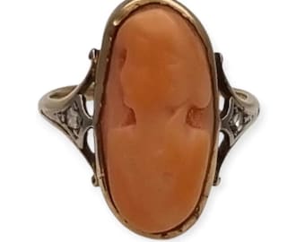Art Nouveau coral cameo ring in 14k gold with diamonds • Circa 1900 Retro gifts for women collectors, Antique and Vintage jewelry.
