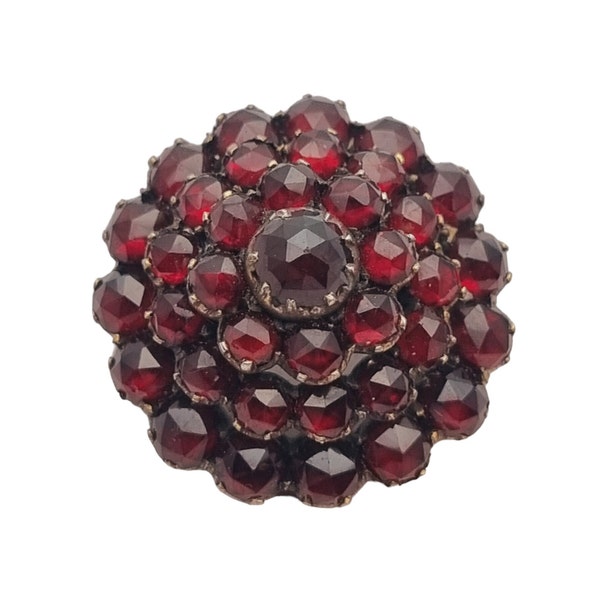 Victorian Bohemian Garnet Button Brooch, Antique Golden Silver Jewelry, Statement Piece for Women, January Birthstone, Gifts for Collectors.