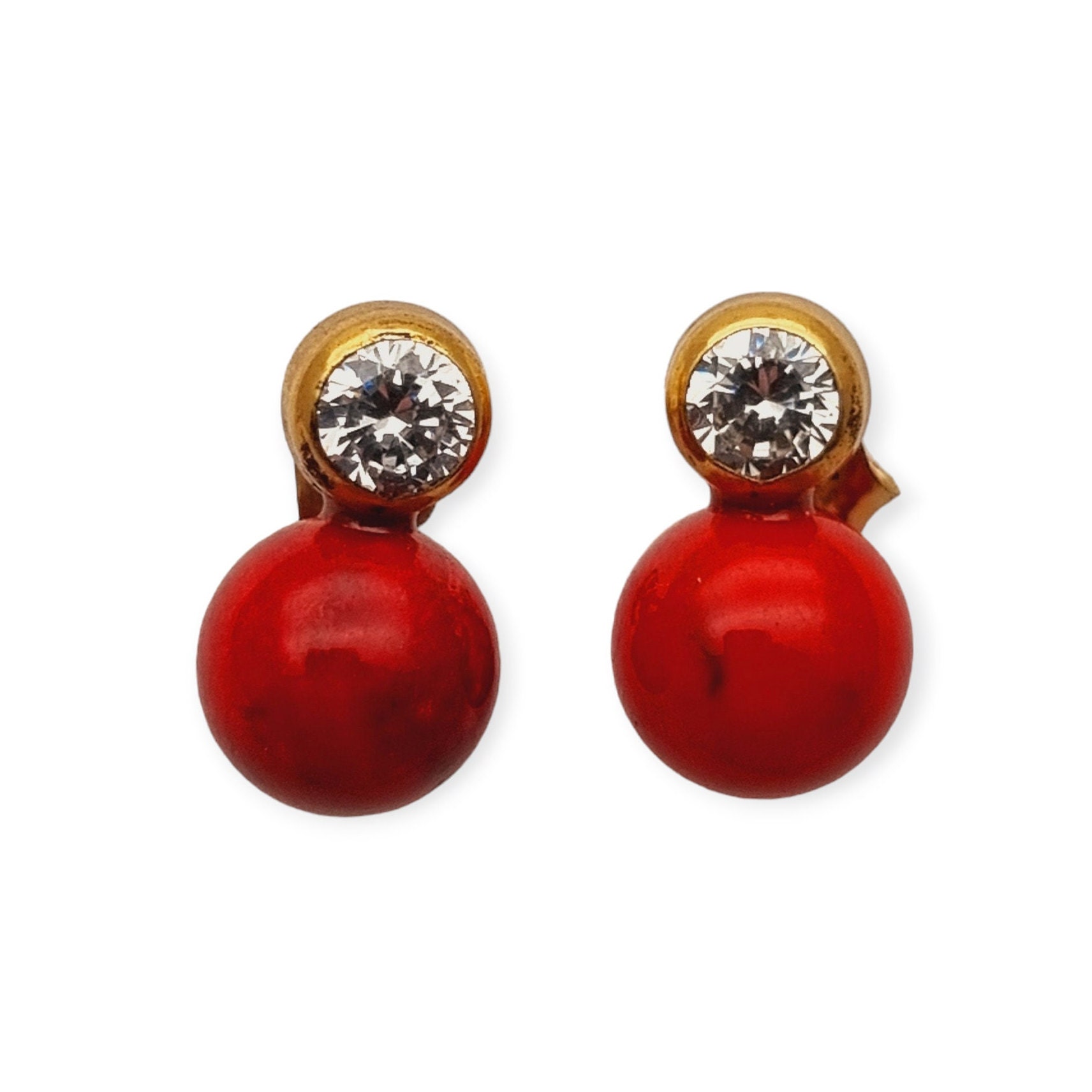 Vintage red earrings, laminated gold and red pearl with zircons, quality NOS jewelry from the 80s for women, retro gifts for her.